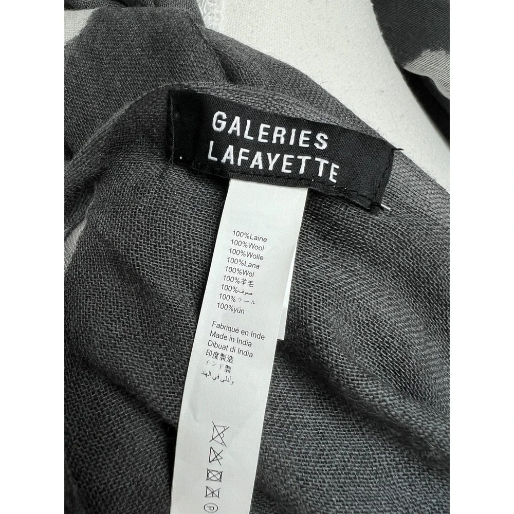 Galeries Lafayette Scarf Gray White Polka Dot Wool Frayed Fringe Wrap Shawl